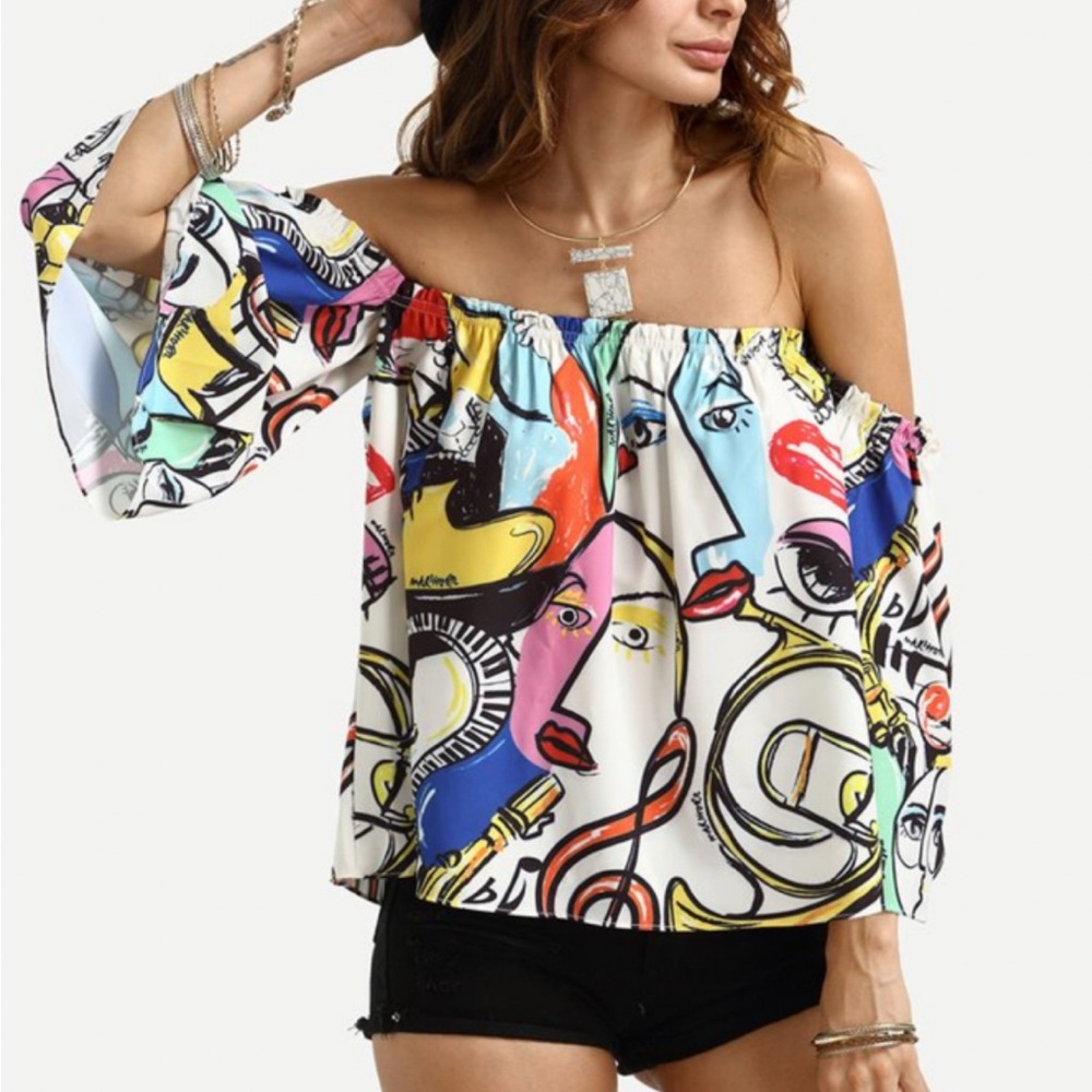 SHEIN Multicolor Graphic Off-Shoulder Blouse